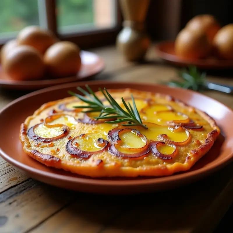 Tortilla española dorada y jugosa con láminas de papas y cebolla caramelizada, cortada en porciones triangulares sobre un plato de barro rústico. La cebolla brilla por la miel de romero, y el borde de la tortilla está ligeramente crujiente. Fondos de una cocina tradicional con luz natural.
