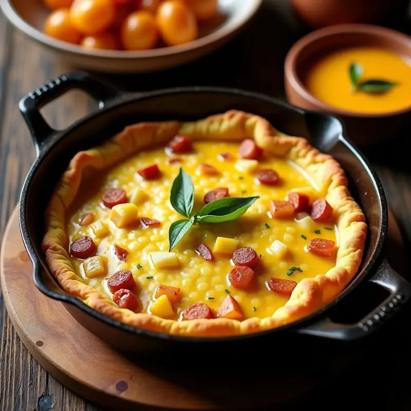 Tortilla dorada y esponjosa de papas con chorizo colorad y ají amarillo, servida en plato de barro con cilantro fresco y queso desmenuzado, desayuno peruano tradicional.
