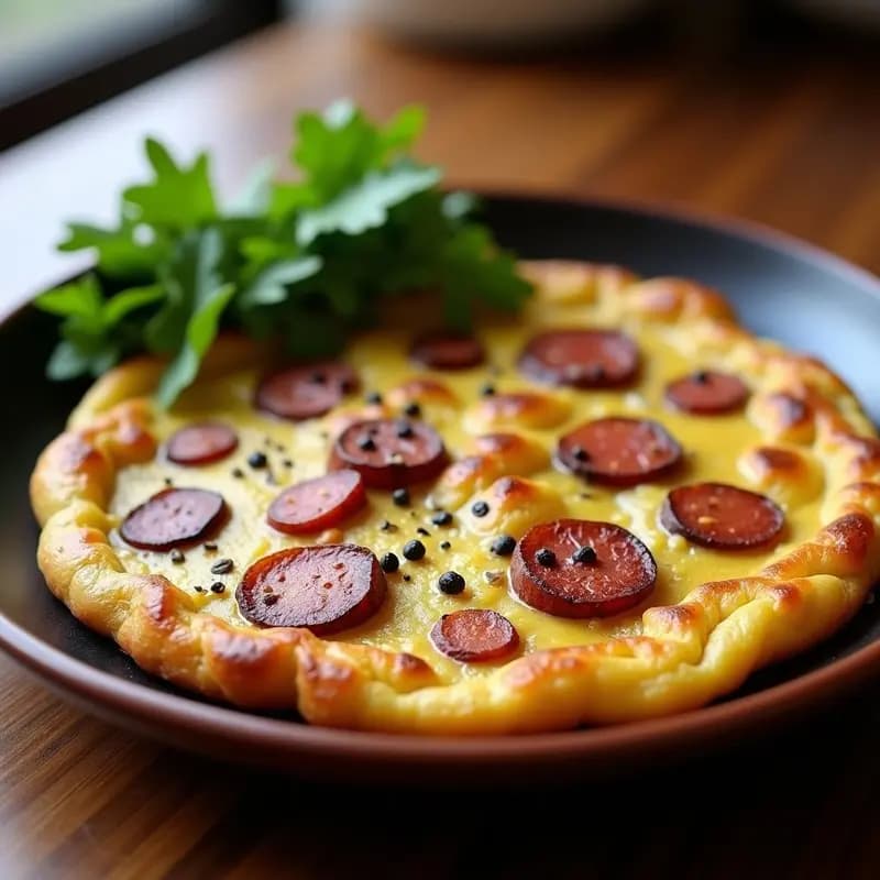 Tortilla de papas dorada con chorizo de berenjena vegano, cortada en porciones, sobre un plato de madera rústico con fondo oscuro. Receta española sin lactosa.