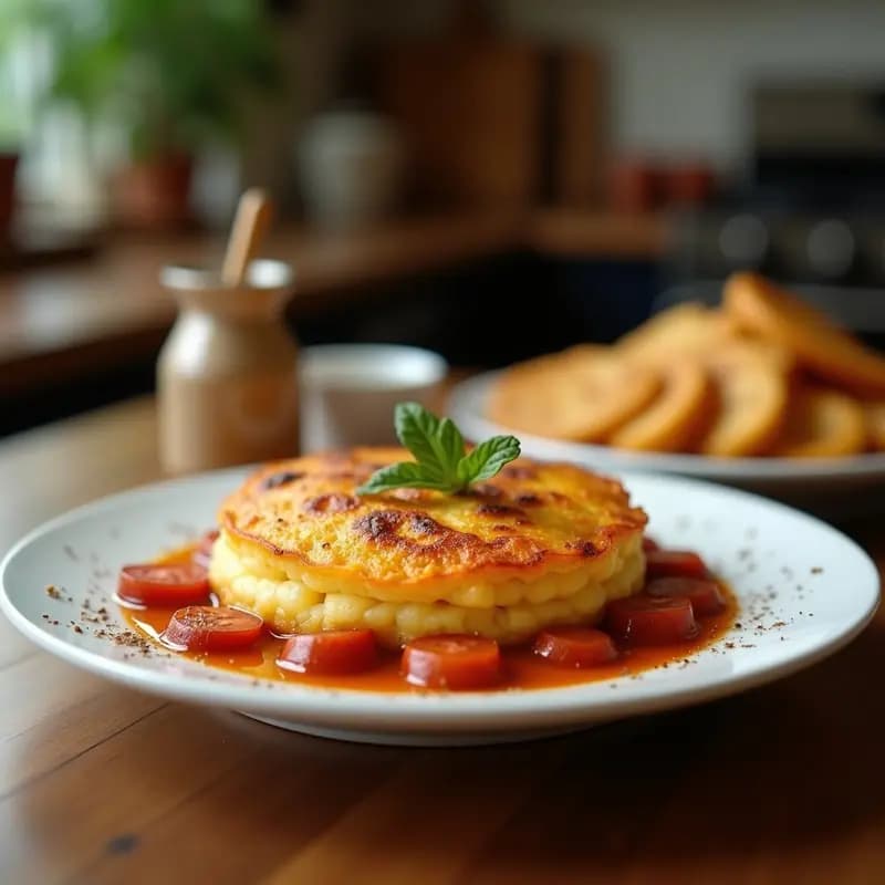 Tortilla española dorada y jugosa con trozos de patata, chorizo ibérico y cebolla morada caramelizada, servida en plato rústico de barro con fondo de madera oscura y hierbas frescas.