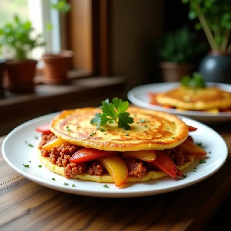 Tortilla de papas con chorizo vegano en versión española, servida en plato de barro con rodajas doradas de patata y chorizo vegano de seitán, acompañada de un huevo de lino esponjoso y un toque de pimentón ahumado.