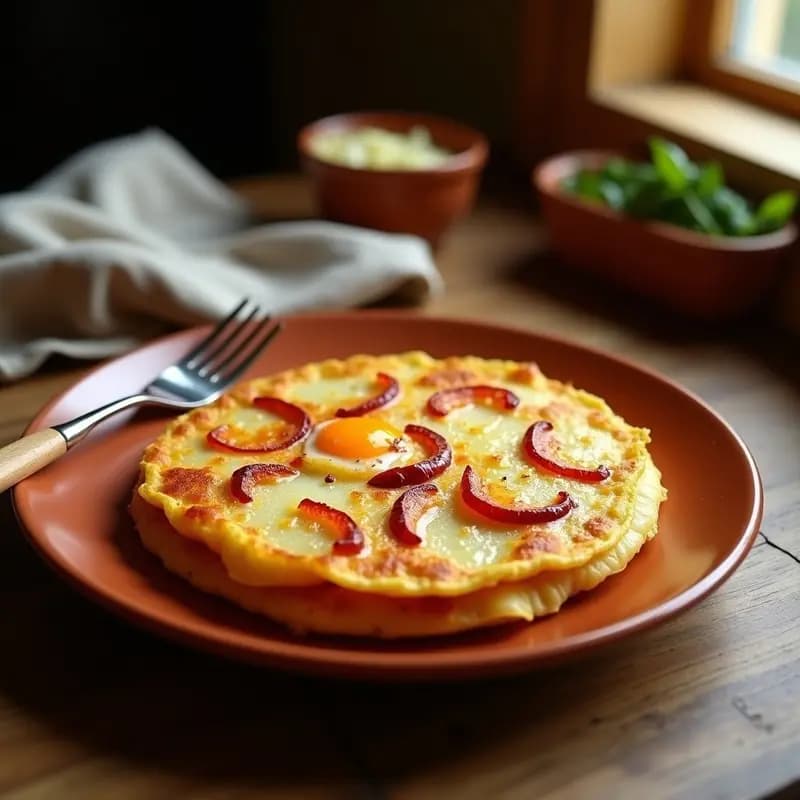 Tortilla de patatas dorada con trozos de pimiento rojo ahumado asomando entre las capas, servida en un plato de barro rústico con un tenedor de madera.