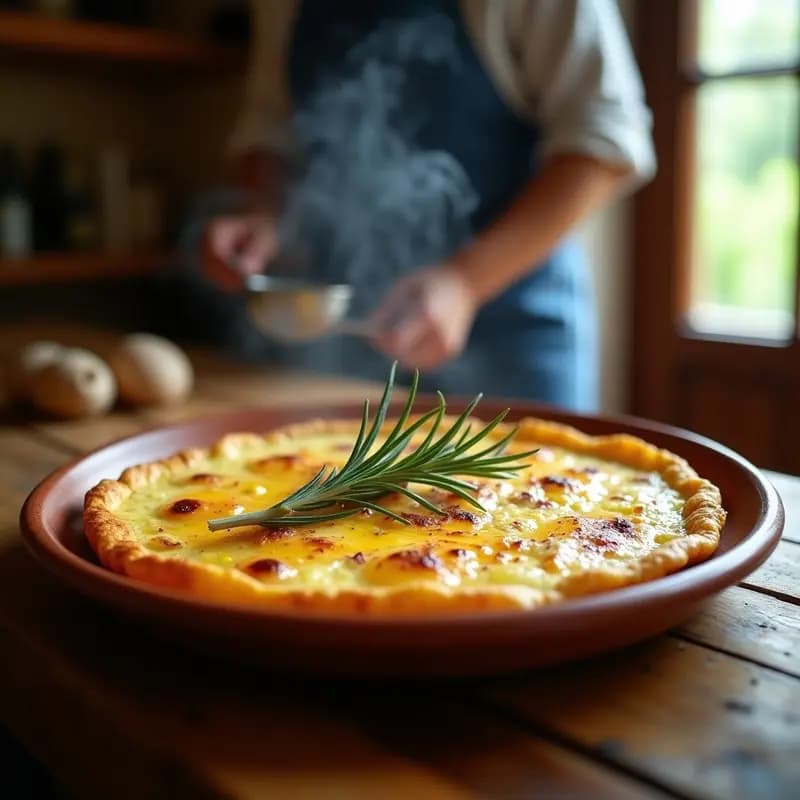 Tortilla de patata ahumada dorada por fuera y jugosa por dentro, con trozos de patata y cebolla morada, servida en plato de barro rústico con romero fresco.