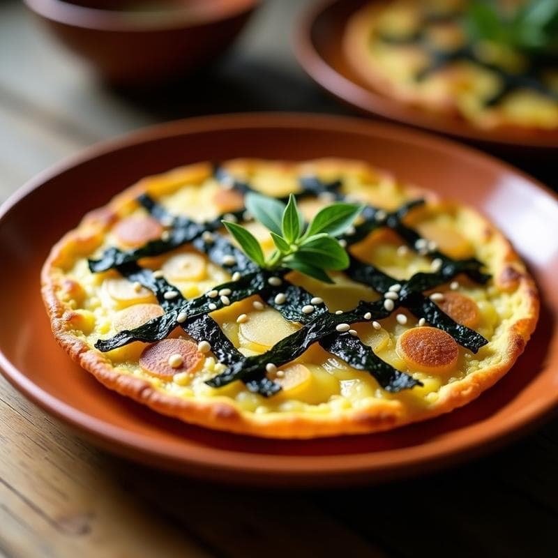 Tortilla de patata dorada con tiras de algas nori oscuras y semillas de sésamo blancas espolvoreadas por encima, servida en plato rústico de barro con fondo de madera.