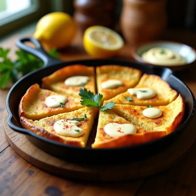 Tortilla de patata andaluza vegana dorada en sartén de hierro, cortada en porciones, con un hilo de aioli de anacardos cremoso y pimentón de la Vera espolvoreado. Acompañada de rodajas de limón y hierbas frescas sobre fondo rústico de madera.