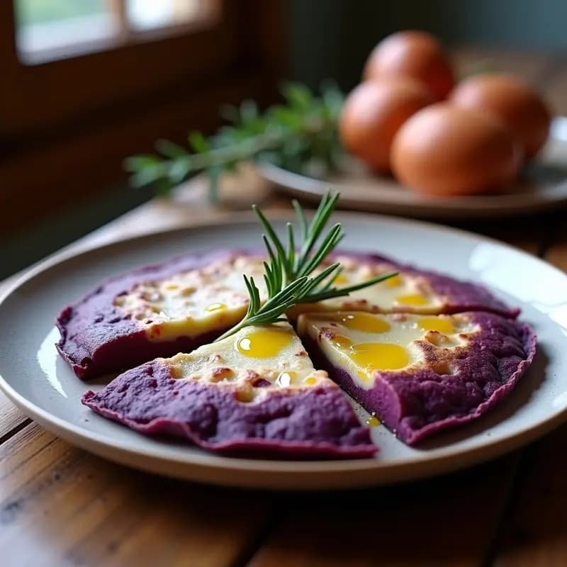 Tortilla de patata morada en horno, con un vibrante color violeta, cortada en porciones y servida en un plato de barro con una rama de romero al lado.