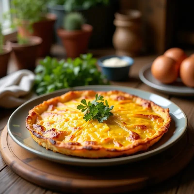 Tortilla dorada y esponjosa de patata y berenjena al horno, cortada en porciones, con un fondo rústico de madera.
