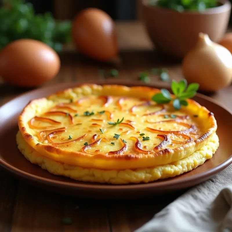 Tortilla de patata y cebolla dorada en molde redondo, cocinada en airfryer, con textura esponjosa y jugosa, servida en plato de madera.