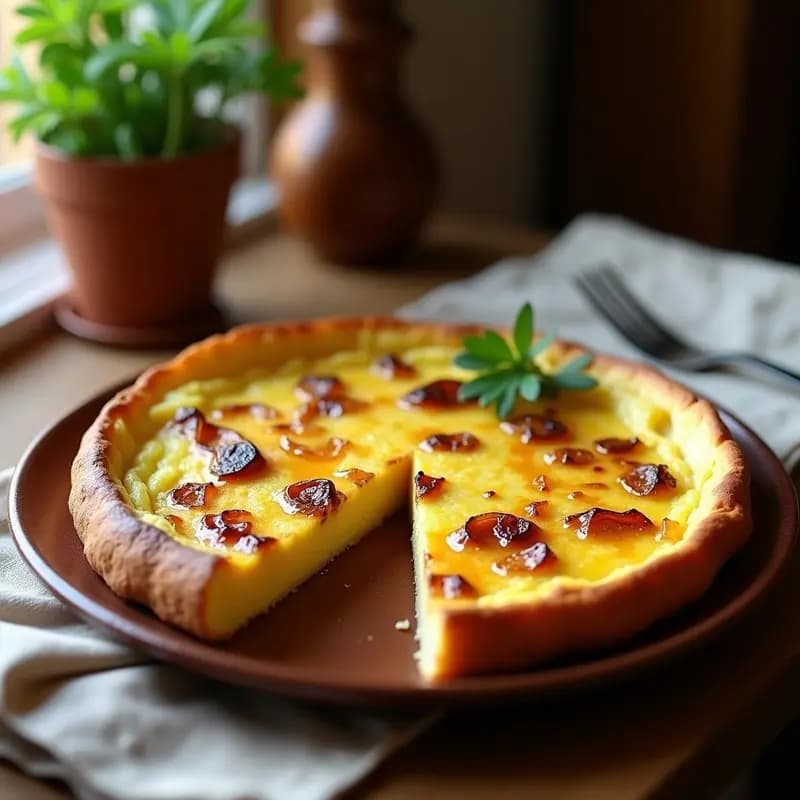 Tortilla de patata dorada con trozos de cebolla caramelizada visible, cortada en porciones triangulares y servida en plato de barro rústico, receta en olla low cost.