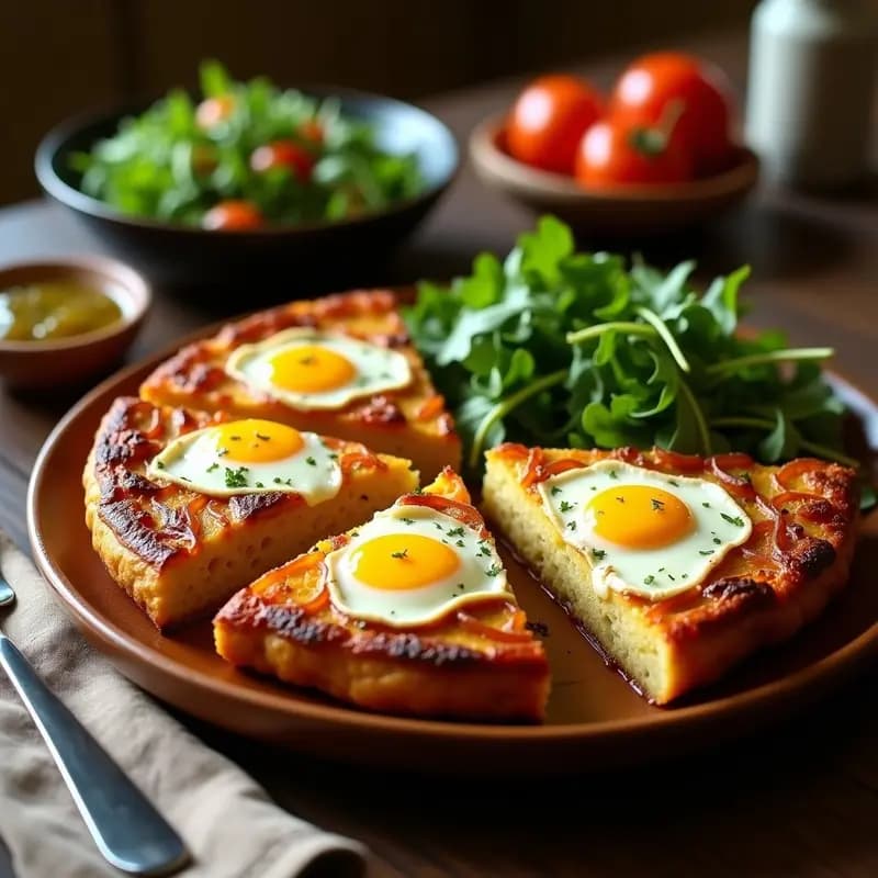 Tortilla de patata dorada con cebolla caramelizada en un plato de barro, corte en porciones mostrando el huevo cremoso y crujiente por fuera, receta tradicional española.
