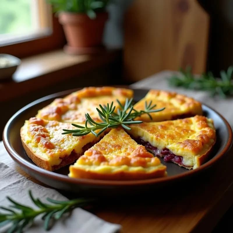Tortilla de patata dorada con cebolla caramelizada de color ámbar y hojas de romero fresco, cortada en porciones. Plato rústico de barro con fondo de madera oscura y ramitas de romero como decoración.