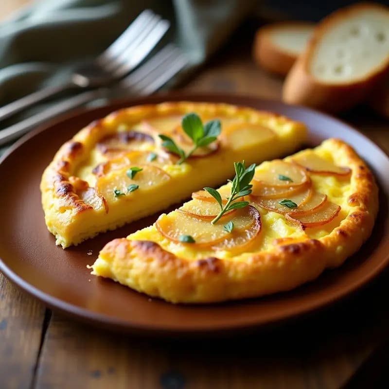 Tortilla de patata y cebolla crujiente dorada por fuera y jugosa por dentro, cortada en porciones sobre un plato de madera rústico, con un tenedor de fondo.