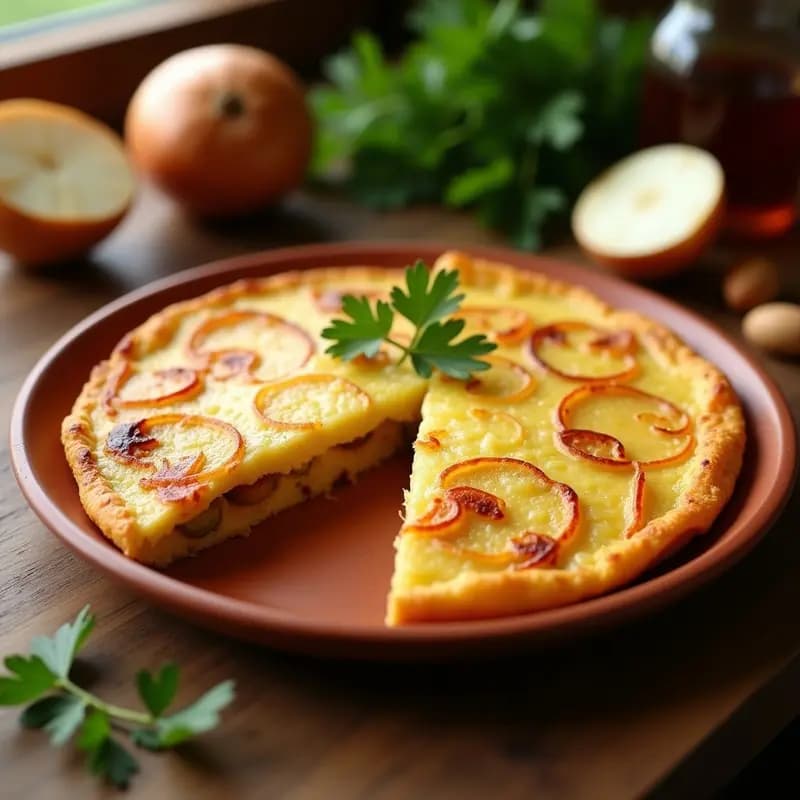 Tortilla de patata y cebolla dorada y crujiente por fuera, con centro jugoso y trozos de cebolla caramelizada visibles. Servida en plato de barro con fondo rústico.
