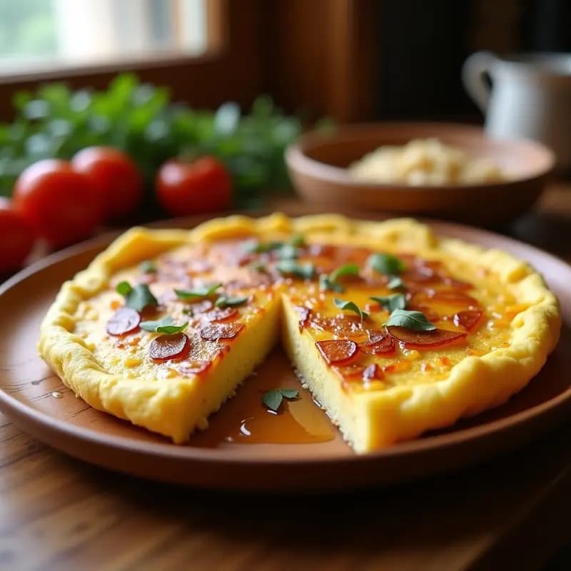 Tortilla de patata y cebolla dorada con un brillo de aceite de trufa, cortada en porciones, sobre un plato de madera rústico con fondo borroso de cocina.