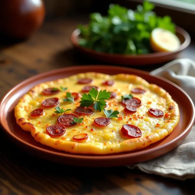 Tortilla de patata dorada con trozos de chorizo ibérico y pimentón de la Vera espolvoreado, servida en plato blanco rústico sobre fondo de madera. Desayuno tradicional español energético.