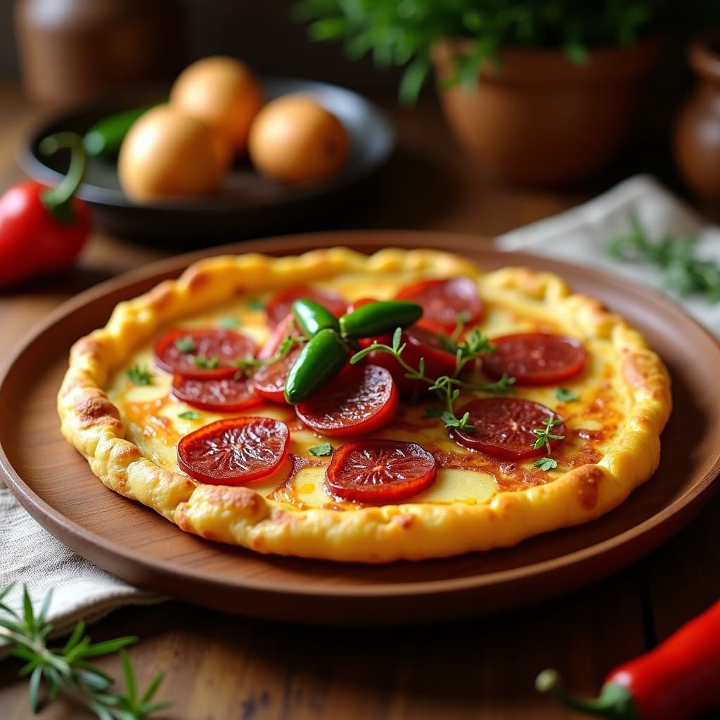 Tortilla de patata dorada y jugosa con trozos de chorizo ibérico y pimientos del Padrón salteados, servida en sartén de hierro con queso Idiazábal rallado por encima. Receta vasca con toque picante.