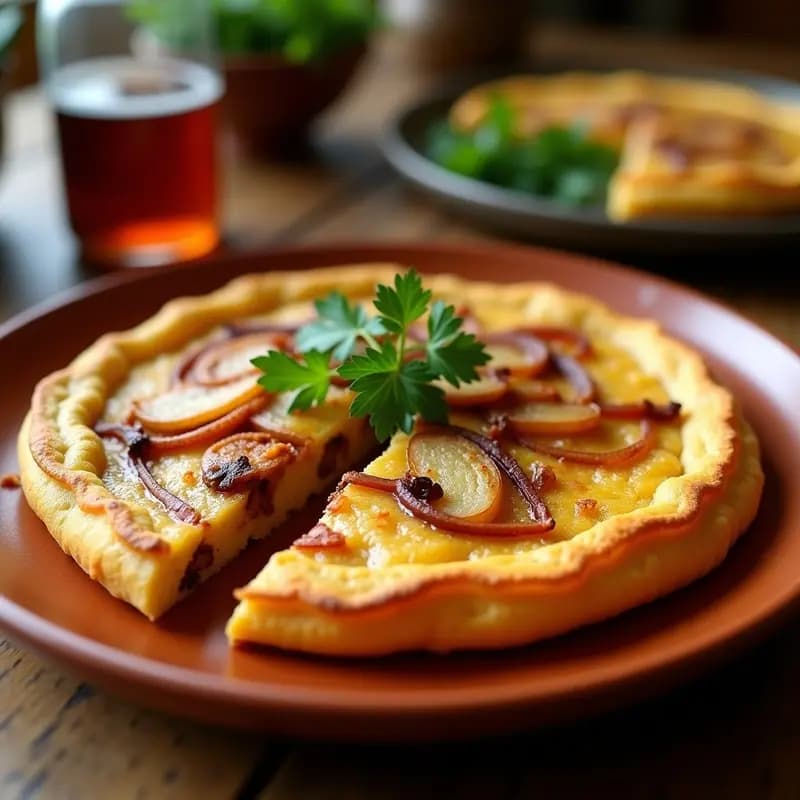 Tortilla española vegana dorada por fuera y esponjosa por dentro, con trozos de patata y chorizo de tempeh ahumado, servida en plato rústico de barro con perejil fresco espolvoreado.