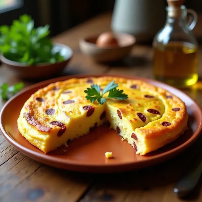 Tortilla de patata con chorizo vegano sin lactosa, dorada y jugosa por dentro, servida en un plato de barro rústico con un trozo cortado para mostrar su textura esponjosa. Acompañada de hojas de perejil fresco y un fondo de cocina tradicional española.