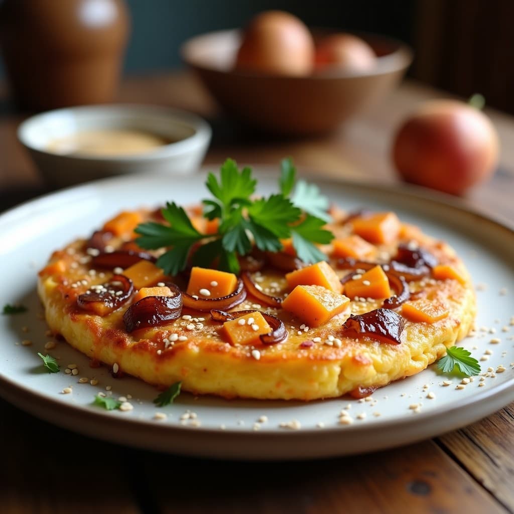 Tortilla dorada y esponjosa de patata dulce y cebolla caramelizada con toque de comino, servida en plato blanco rústico con semillas de sésamo y hojas de cilantro. Desayuno vegano saludable.
