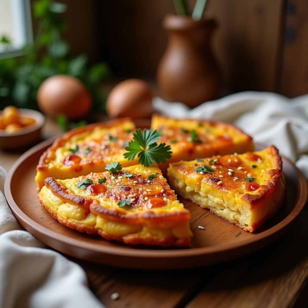 Tortilla dorada y esponjosa de patata dulce con cebolla caramelizada brillante, cortada en porciones sobre un plato de madera rústico, acompañada de hierbas frescas y semillas de sésamo. Desayuno sin gluten y alto en fibra.