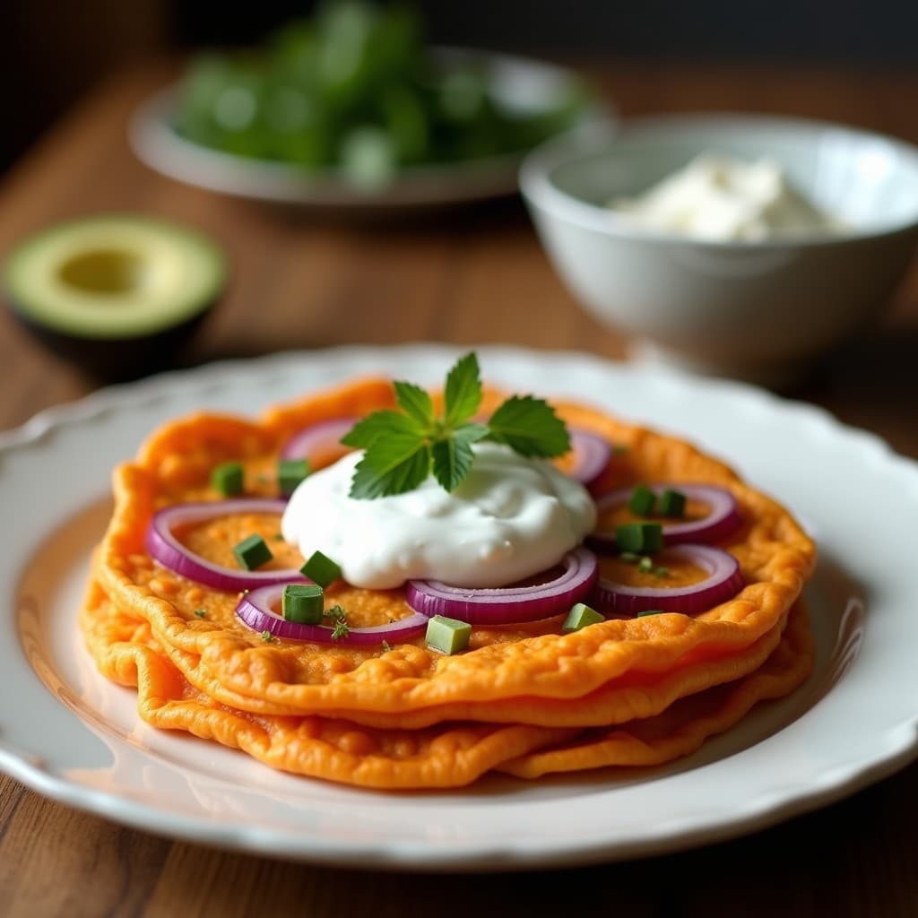 Tortilla vegana de patata dulce morada y cebolla morada con salsa de yogur de coco, servida en plato blanco con semillas de sésamo negro y cilantro fresco, receta sin harina y alta en proteínas.