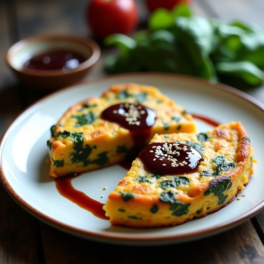Tortilla vegana dorada en airfryer de patata dulce y espinacas, cortada en porciones, con vinagreta de mosto brillante y semillas de sésamo espolvoreadas. Plato blanco rústico sobre fondo de madera oscura.