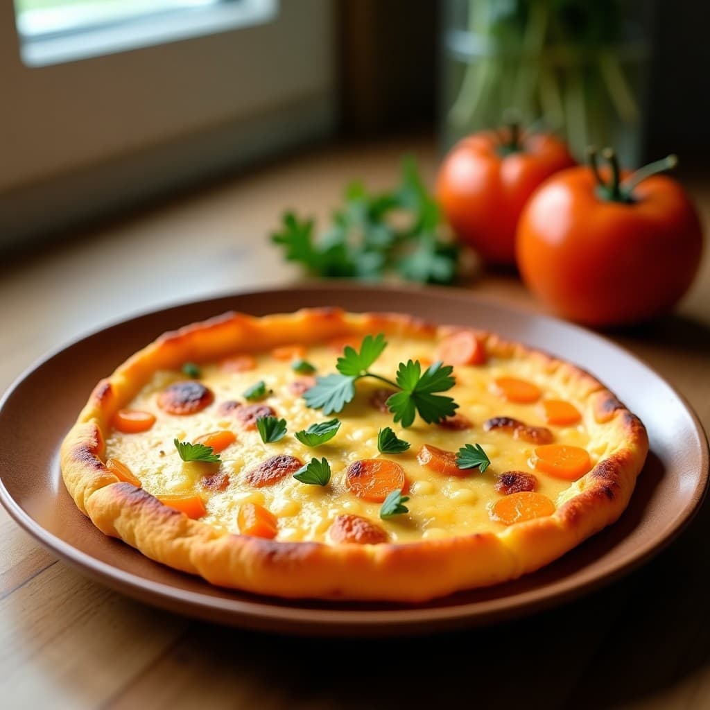 Tortilla dorada de patata dulce y queso de almendras en molde redondo, con textura esponjosa y trozos visibles de boniato naranja. Servida en plato rústico con perejil fresco y fondo de cocina moderna.