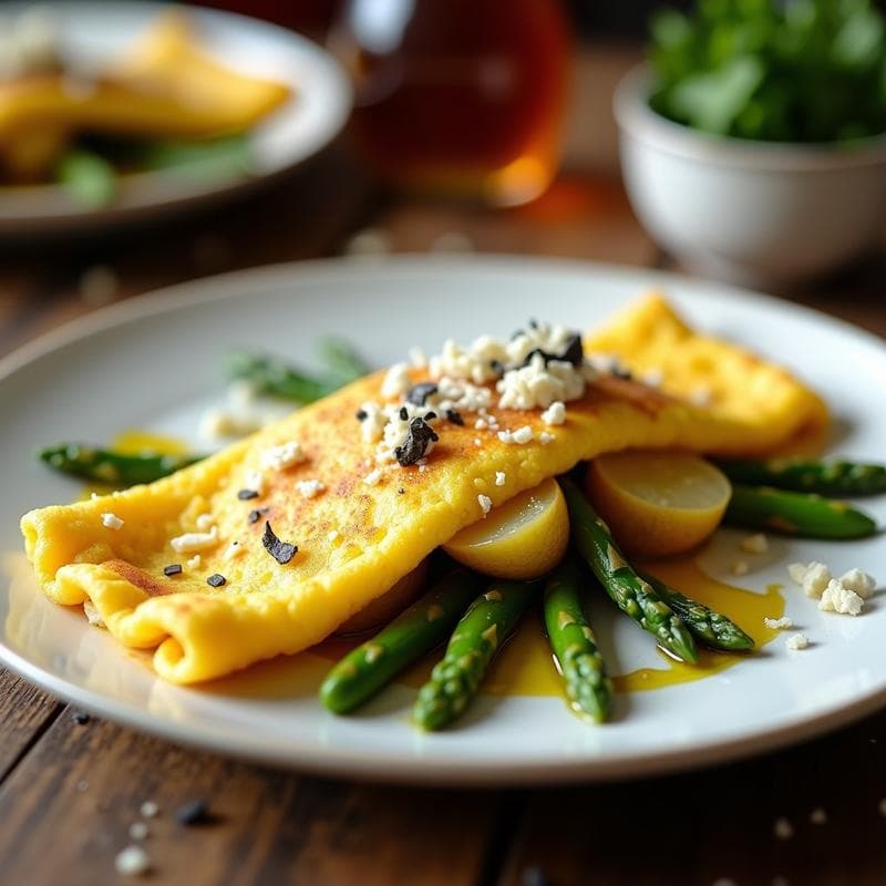Tortilla de patata dorada con espárragos trigueros y aroma a trufa, servida en plato blanco con virutas de queso curado y un hilo de aceite de trufa negra, receta premium española rápida.