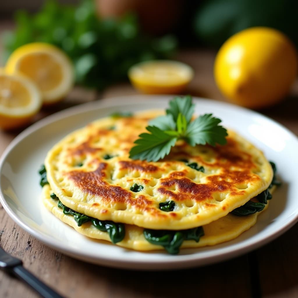 Tortilla de patata y espinaca sin huevo en plato blanco, con textura esponjosa y dorada, acompañada de rodajas de limón y hierbas frescas. Receta express en microondas.