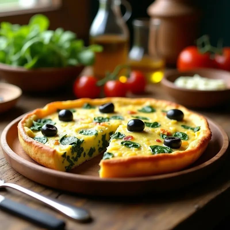 Tortilla de patata light dorada con trozos de espinacas verdes y aceitunas negras, cortada en porciones cuadradas sobre un plato de madera rústico. Receta española saludable y baja en calorías.