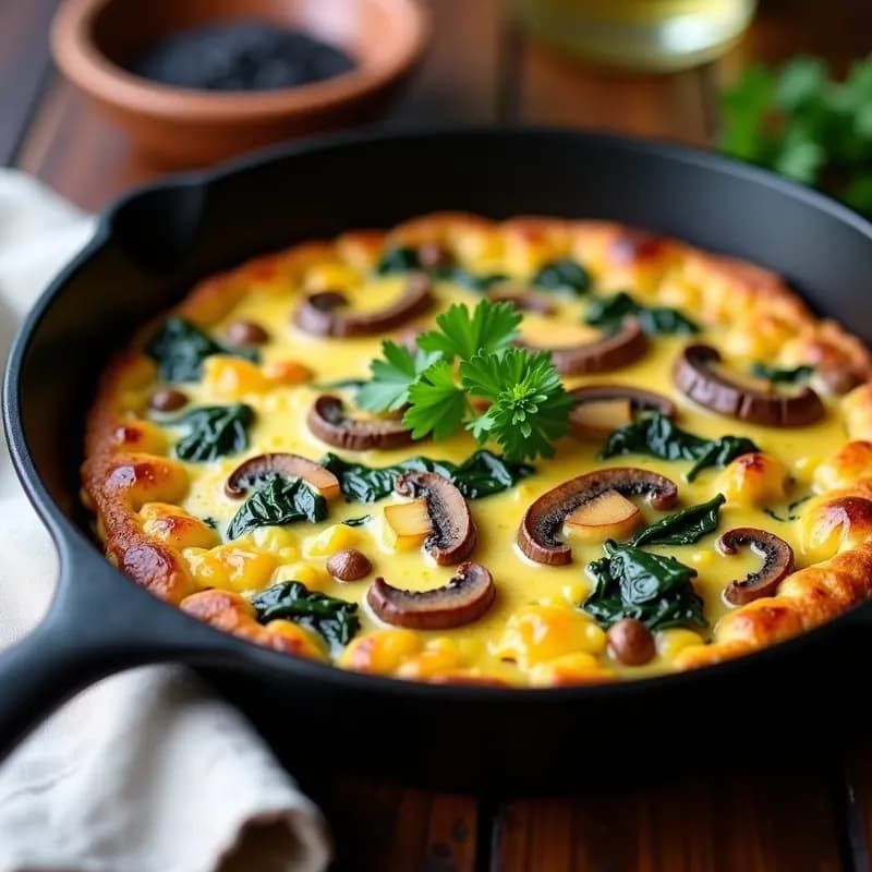 Tortilla dorada de patata con espinacas y champiñones portobello, cortada en porciones, servida en plato de cerámica blanca con fondo rústico. Receta vegana sin huevos para desayuno español.