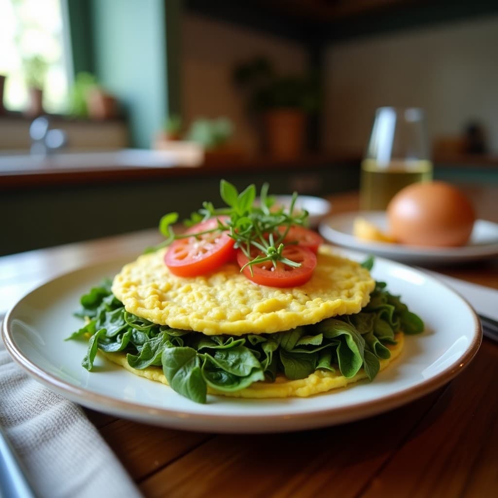 Tortilla de patata y espirulina recién hecha, con un color verde azulado característico, cortada en porciones sobre una tabla de madera rústica. Acompañada de rodajas de cebolla morada y una pizca de pimentón espolvoreado. Desayuno español alta en proteína y sin harina.