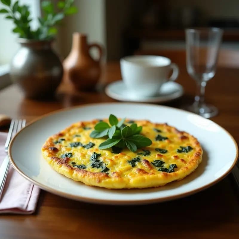 Tortilla de patata vegana con espirulina en un plato de barro rústico, dorada por fuera y verde por dentro, acompañada de perejil fresco y una rodaja de limón, desayuno español alto en hierro.