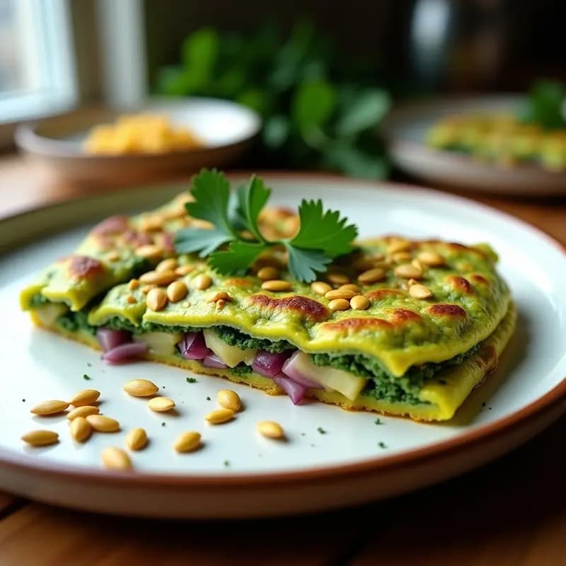 Tortilla de patata de color verde esmeralda intenso con trozos dorados de patata y cebolla morada, espolvoreada con semillas de girasol tostadas. Presentada en plato blanco rústico con perejil fresco y fondo de madera clara. Desayuno superfood verde saludable y fotogénico.