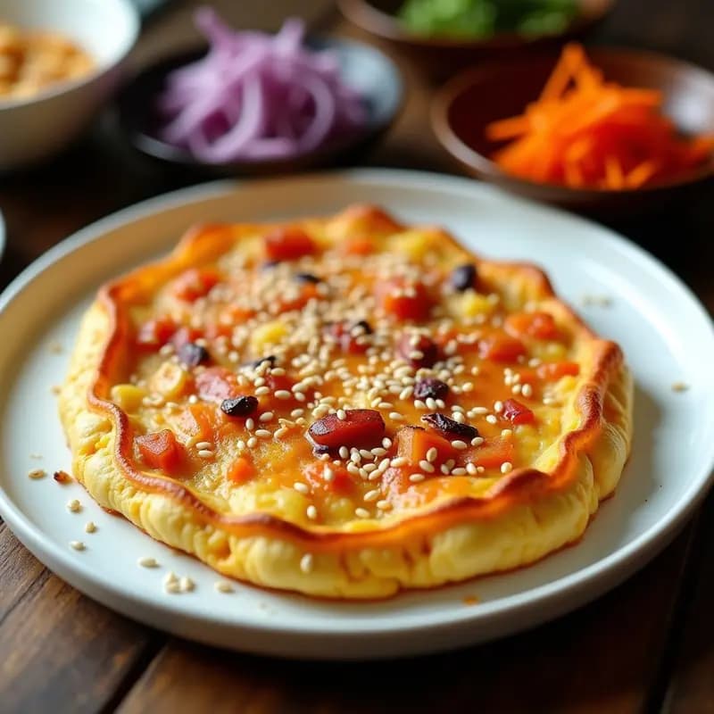 Tortilla dorada y esponjosa de patata y kimchi, con semillas de sésamo tostado en la superficie, servida en plato de cerámica blanca sobre fondo rústico de madera. Receta fusion Corea-España alta en probióticos.