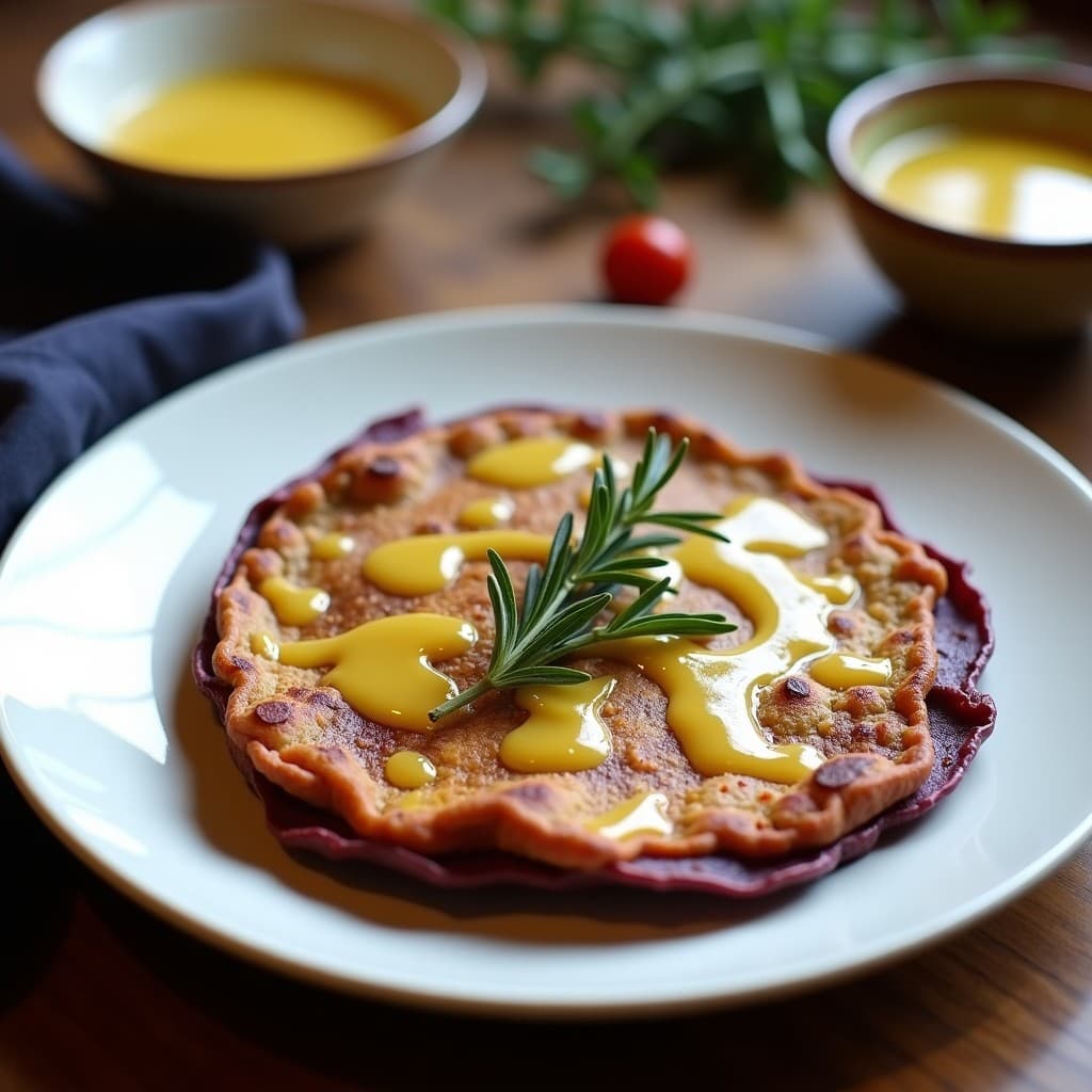 Tortilla vegana de patata morada y queso de cabra en airfryer, dorada y esponjosa, servida en plato blanco con vinagreta de miel brillante y hojas de tomillo fresco.