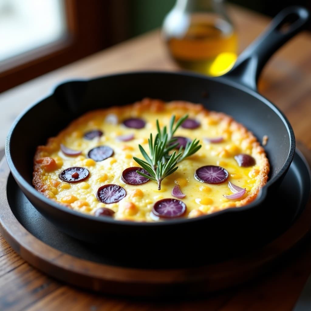 Tortilla de patata morada y queso de cabra sin lactosa en sartén antiadherente, dorada por fuera y esponjosa por dentro, con trozos visibles de queso cremoso y cebolla morada, servida en plato rústico de cerámica oscura.
