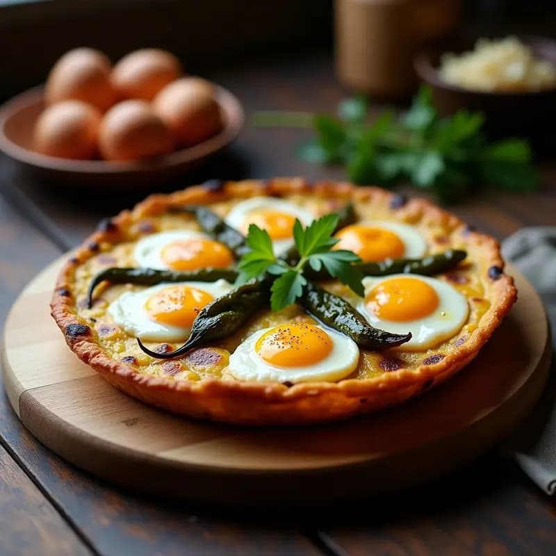 Tortilla de patata morada y pimiento del padrón con huevos de codorniz, horneada en molde redondo, dorada por los bordes y decorada con perejil fresco sobre fondo de madera rústica.