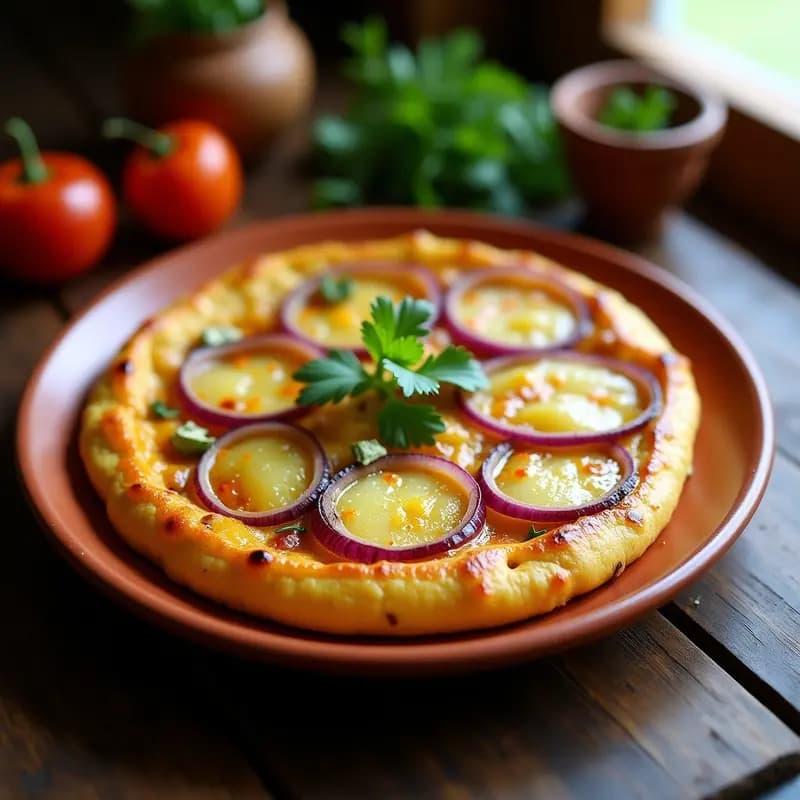 Tortilla de patata dorada con pimientos del padrón enteros y cebolla, servida en plato de barro rústico sobre mesa de madera con fondo de cocina tradicional gallega.