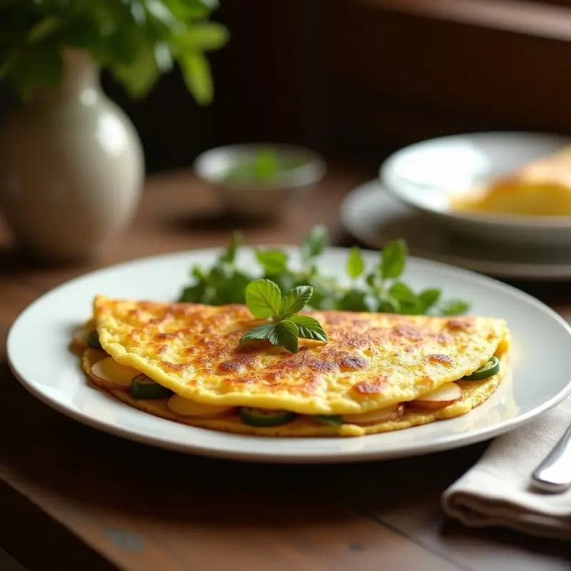 Tortilla de patata y pimiento verde con toque canario, dorada por fuera y jugosa por dentro, servida en plato blanco con fondo rústico de madera. Incluye rodajas de pimiento verde asomando entre las capas de patata y huevo.