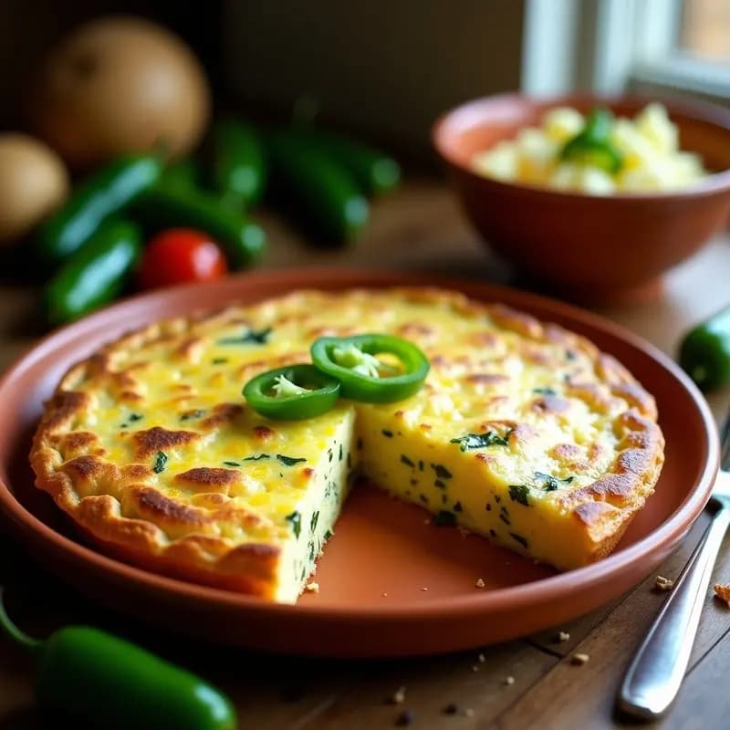 Tortilla de patata dorada con trozos de pimiento verde asomando, cortada en porciones irregulaires sobre un plato de barro. Fondos de cocido tradicional español.