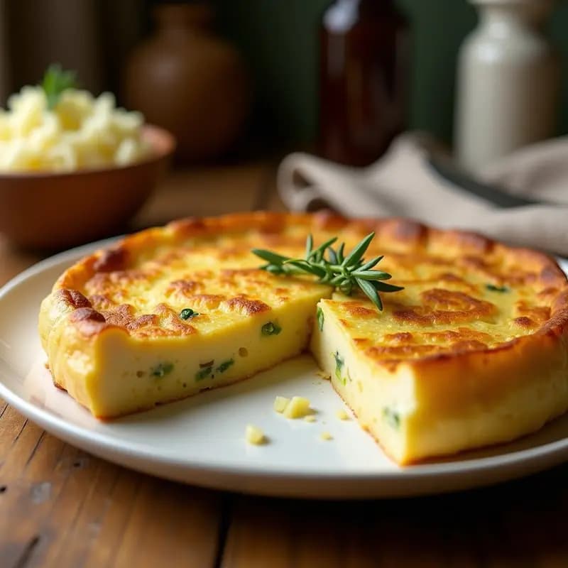 Tortilla de patata y puerro dorada por fuera y jugosa por dentro, servida en plato blanco rústico con un trozo cortado para mostrar su textura cremosa.