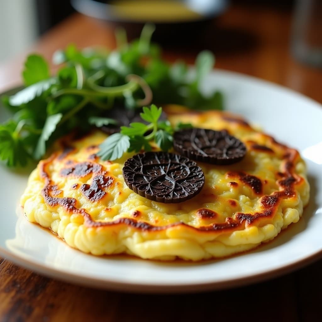 Tortilla dorada y esponjosa de coliflor con trozos de cebolla morada, decorada con láminas de trufa negra y perejil fresco, servida en plato blanco sobre fondo rústico.