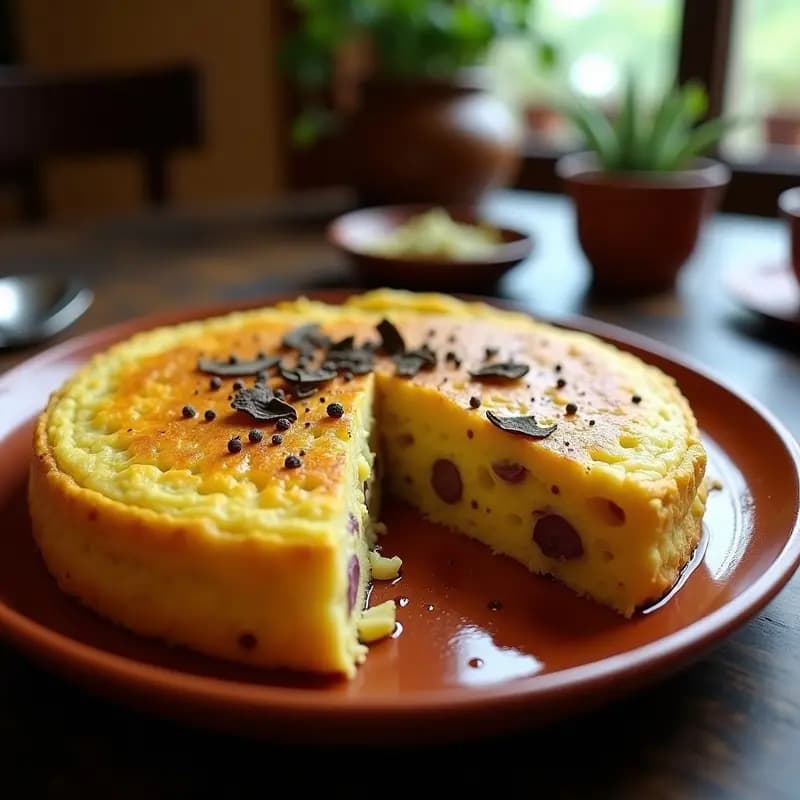 Tortilla de patata dorada con trozos de trufa negra, textura melosa y aroma gourmet, servida en plato rústico de barro.