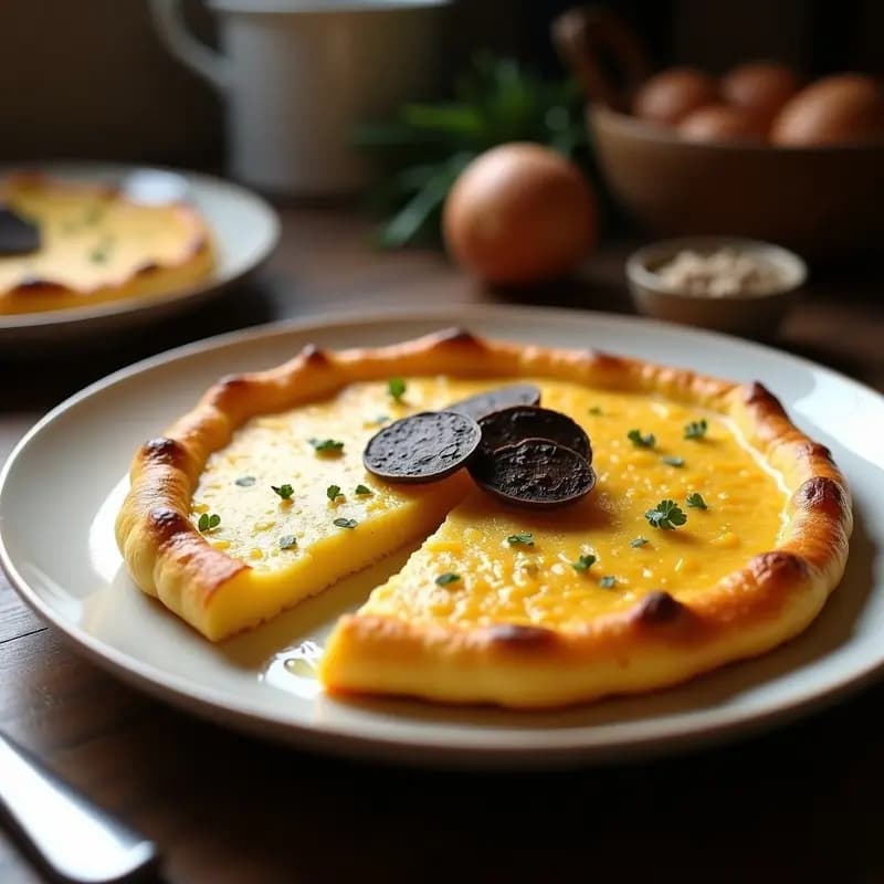 Tortilla de patata dorada con láminas de trufa negra brillantes, servida en plato blanco rústico con fondo de madera oscura, receta olla a presión.