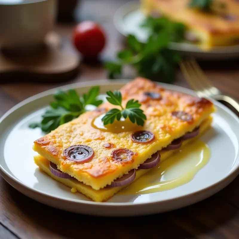 Tortilla de patata trufada en plato blanco, dorada por fuera y jugosa por dentro, con rodajas de cebolla morada visibles y un hilo de aceite de trufa negra brillante en la superficie.