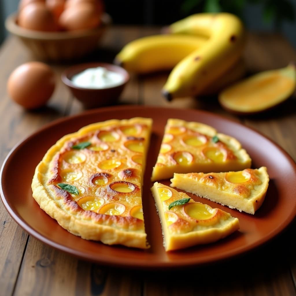 Tortilla dorada y esponjosa de patata, yuca y plátano maduro, cortada en porciones, servida en plato de barro rústico con fondo de cocina tradicional venezolana.