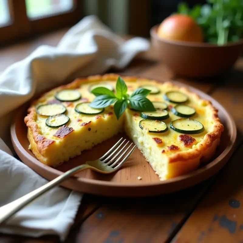 Tortilla de patata y zucchini sin cebolla, esponjosa y dorada, cortada en porciones sobre un plato de madera rústico con tenedor de fondo.