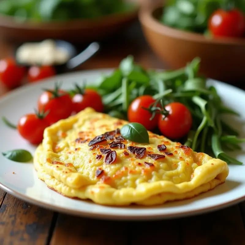 Tortilla dorada y jugosa con trozos de patata y alcachofas tiernas, servida en plato blanco con hierbas frescas y un toque rústico mediterráneo.