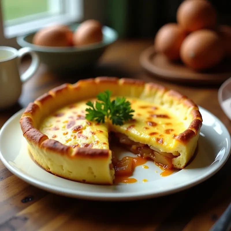 Tortilla de patatas con cebolla caramelizada al horno, dorada y esponjosa, servida en plato blanco rústico con rodaja faltante para mostrar el interior jugoso.